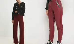 Dwie stylizacje z bordowymi spodniami: eleganckie z marynarką i na luzie z sneakersami.