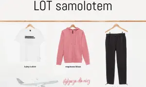 Jak się ubrać do samolotu? Luźny t-shirt, różowa bluza i czarne spodnie dresowe to komfortowa stylizacja na podróż.