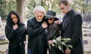 Smutna rodzina w czarnych strojach, z kwiatami, na cmentarzu. Wskazówka, jak się ubrać na pogrzeb.