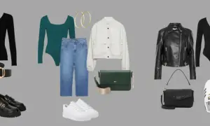 Stylizacja na wyjście z koleżankami: czarny top asymetryczny, jeansy, czarna ramoneska, botki lub sneakersy.
