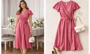 Różowa sukienka z kokardą i falbankami – idealna stylizacja, jak się ubrać na Wielkanoc.
