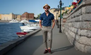 Mężczyzna w beżowym kapeluszu i okularach przeciwsłonecznych, w granatowej koszuli i szarych chinosach, zastanawia się, jakie buty do chinosów wybrać. Eleganckie, bordowe półbuty to świetny wybór.