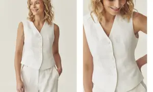 Elegancka biała kamizelka damska z lnu, idealna do letnich stylizacji. Dowiedz się, jak nosić kamizelkę damską, by wyglądać szykownie.