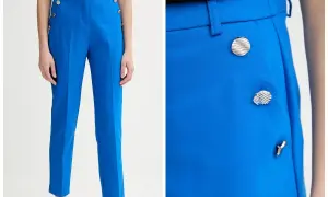 Eleganckie, kobaltowe spodnie z ozdobnymi guzikami. Idealne dla kobiet, które szukają, jakie spodnie wyszczuplają sylwetkę.