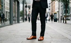 Eleganckie brązowe buty do czarnych spodni, idealne na miejski spacer.