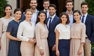 Eleganckie stroje dla kobiet i mężczyzn, idealne na niedzielę do kościoła. Panie w sukienkach i spódnicach, panowie w garniturach.
