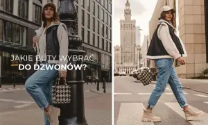 Kobieta w dzwonach i beżowych traperach, idealne buty do dzwonów. Stylowa miejska stylizacja.