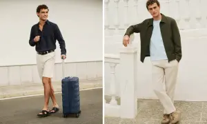 Mężczyzna w stroju smart casual z walizką, gotowy na podróż. Druga stylizacja to lekka kurtka i lniane spodnie.