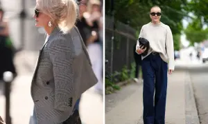 Elegancka stylizacja z jeansami: kraciasty żakiet i szerokie spodnie.