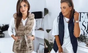 Dwie kobiety prezentują stylowe czarne kamizelki. Jedna w futrzanej, druga pikowana. Idealne do casualowych stylizacji.