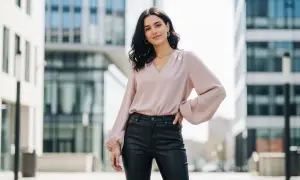 Elegancka, pudrowa bluzka z bufiastymi rękawami świetnie komponuje się ze skórzanymi spodniami, tworząc stylowy miejski look.