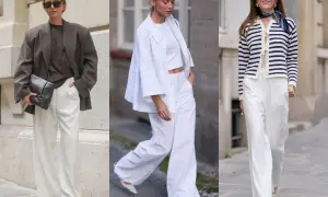 Trzy kobiety prezentują eleganckie białe spodnie w różnych stylizacjach. Jedna w brązowej marynarce, druga w białym komplecie, trzecia w granatowo-białym sweterku.