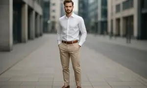 Elegancki mężczyzna w białej koszuli i jasnych spodniach, idealny przykład, jaka koszula do jasnych spodni pasuje na co dzień i do pracy.