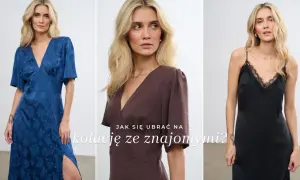 Trzy kobiety w sukienkach: niebieskiej, brązowej i czarnej. Inspiracja, jak się ubrać na kolację ze znajomymi.