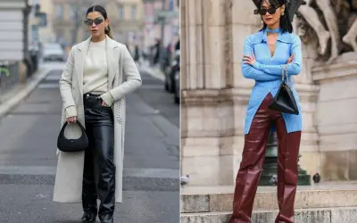 Kobiety prezentują różne stylizacje ze skórzanymi spodniami. Jedna w czarnych, druga w bordowych. Jakie buty do skórzanych spodni? Oto inspiracje.