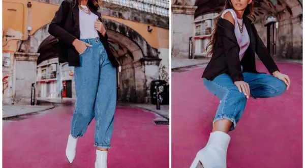 Stylowa kobieta w spodniach mom jeans i białych botkach. Inspiracja: czym nosić spodnie mom mom jeans stylizacje.