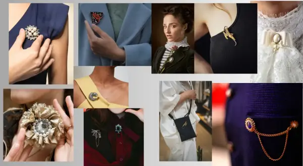 Inspiracje, jak nosić broszkę: od motyla na płaszczu po ozdobę na sukience i elegancką broszkę na klapie marynarki.