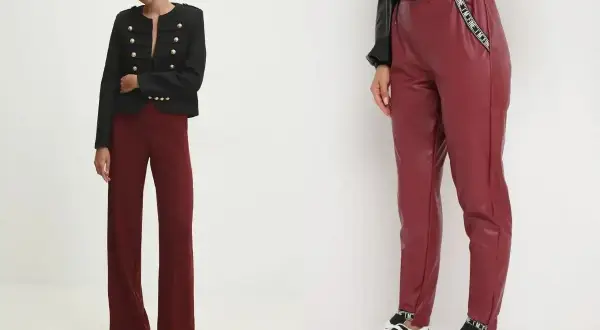Dwie stylizacje z bordowymi spodniami: eleganckie z marynarką i na luzie z sneakersami.