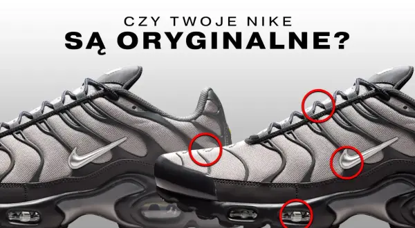 Szare buty Nike z czerwonymi kółkami wskazującymi detale. Czy w 50 style są oryginalne buty?