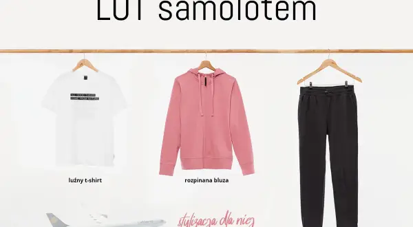 Jak się ubrać do samolotu? Luźny t-shirt, różowa bluza i czarne spodnie dresowe to komfortowa stylizacja na podróż.