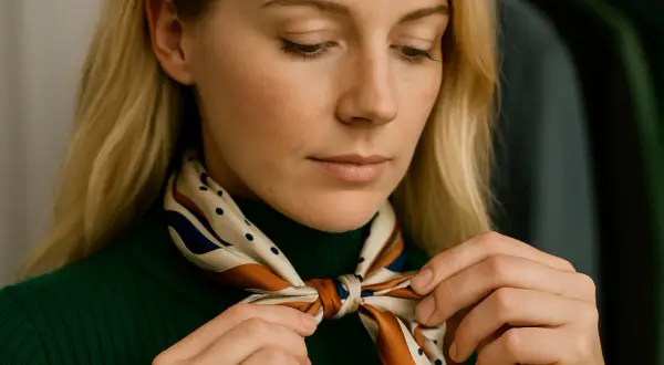 Blondynka w zielonym golfie zawiązuje apaszkę. Pokazujemy, jak nosić apaszkę, tworząc elegancki węzeł.