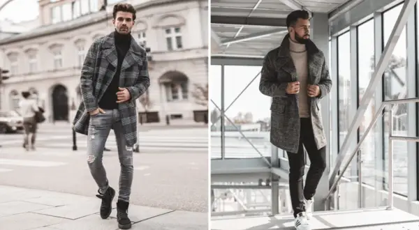 Męskie stylizacje z płaszczem: jakie buty do płaszcza męskiego? Zobacz inspiracje z czarnymi botkami i białymi sneakersami.