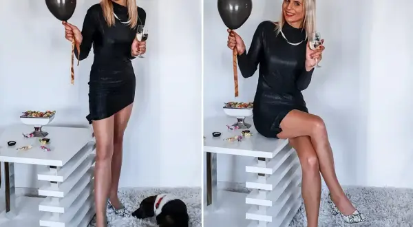 Elegancka czarna sukienka, błyszczące dodatki i buty w wężowy wzór – idealny zestaw, jak się ubrać na imprezę.