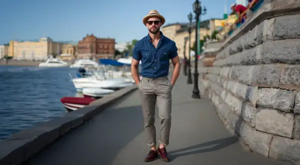 Mężczyzna w beżowym kapeluszu i okularach przeciwsłonecznych, w granatowej koszuli i szarych chinosach, zastanawia się, jakie buty do chinosów wybrać. Eleganckie, bordowe półbuty to świetny wybór.