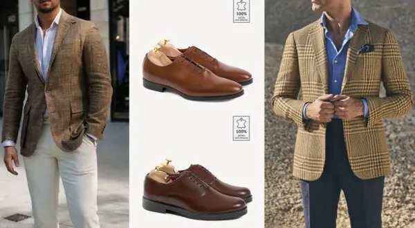 Eleganckie stylizacje na komunię dla mężczyzny: brązowe marynarki, jasne spodnie i skórzane półbuty.