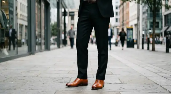 Eleganckie brązowe buty do czarnych spodni, idealne na miejski spacer.