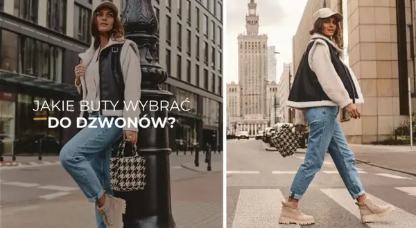 Kobieta w dzwonach i beżowych traperach, idealne buty do dzwonów. Stylowa miejska stylizacja.