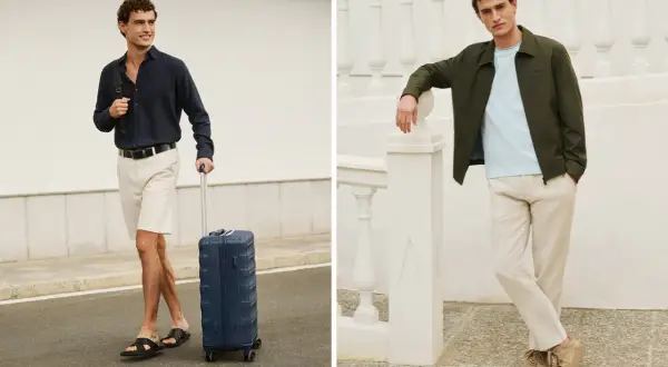 Mężczyzna w stroju smart casual z walizką, gotowy na podróż. Druga stylizacja to lekka kurtka i lniane spodnie.