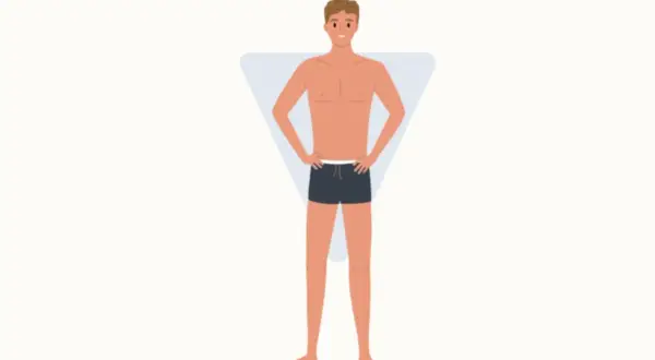 Męska sylwetka naturalna w kształcie odwróconego trójkąta, z rękami na biodrach.