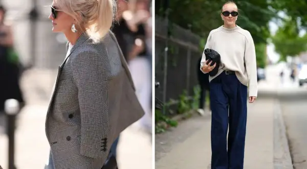 Elegancka stylizacja z jeansami: kraciasty żakiet i szerokie spodnie.