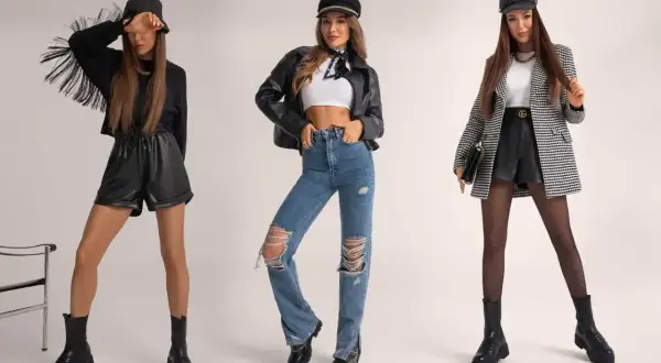 Trzy stylizacje pokazują, jak się ubrać na koncert w hali: skórzane szorty, jeansy z dziurami i elegancki żakiet.