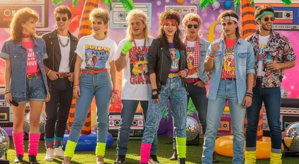Grupa młodych ludzi w neonowych strojach i fryzurach, styl rockowy lata 80.