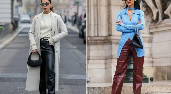 Kobiety prezentują różne stylizacje ze skórzanymi spodniami. Jedna w czarnych, druga w bordowych. Jakie buty do skórzanych spodni? Oto inspiracje.