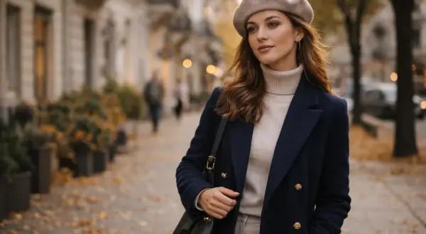 Elegancka kobieta w beżowym beretcie i granatowym płaszczu spaceruje po jesiennej ulicy. Pokazuje, jak założyć beret, by wyglądać stylowo.