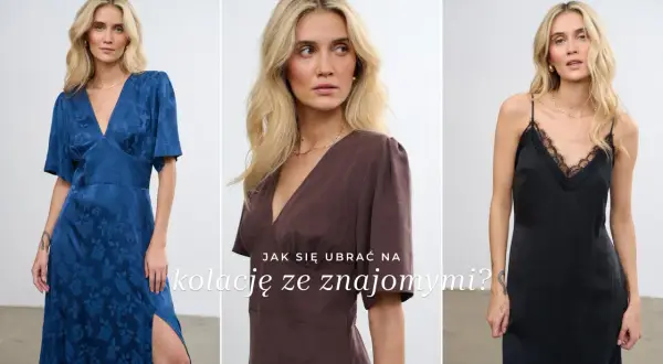 Trzy kobiety w sukienkach: niebieskiej, brązowej i czarnej. Inspiracja, jak się ubrać na kolację ze znajomymi.