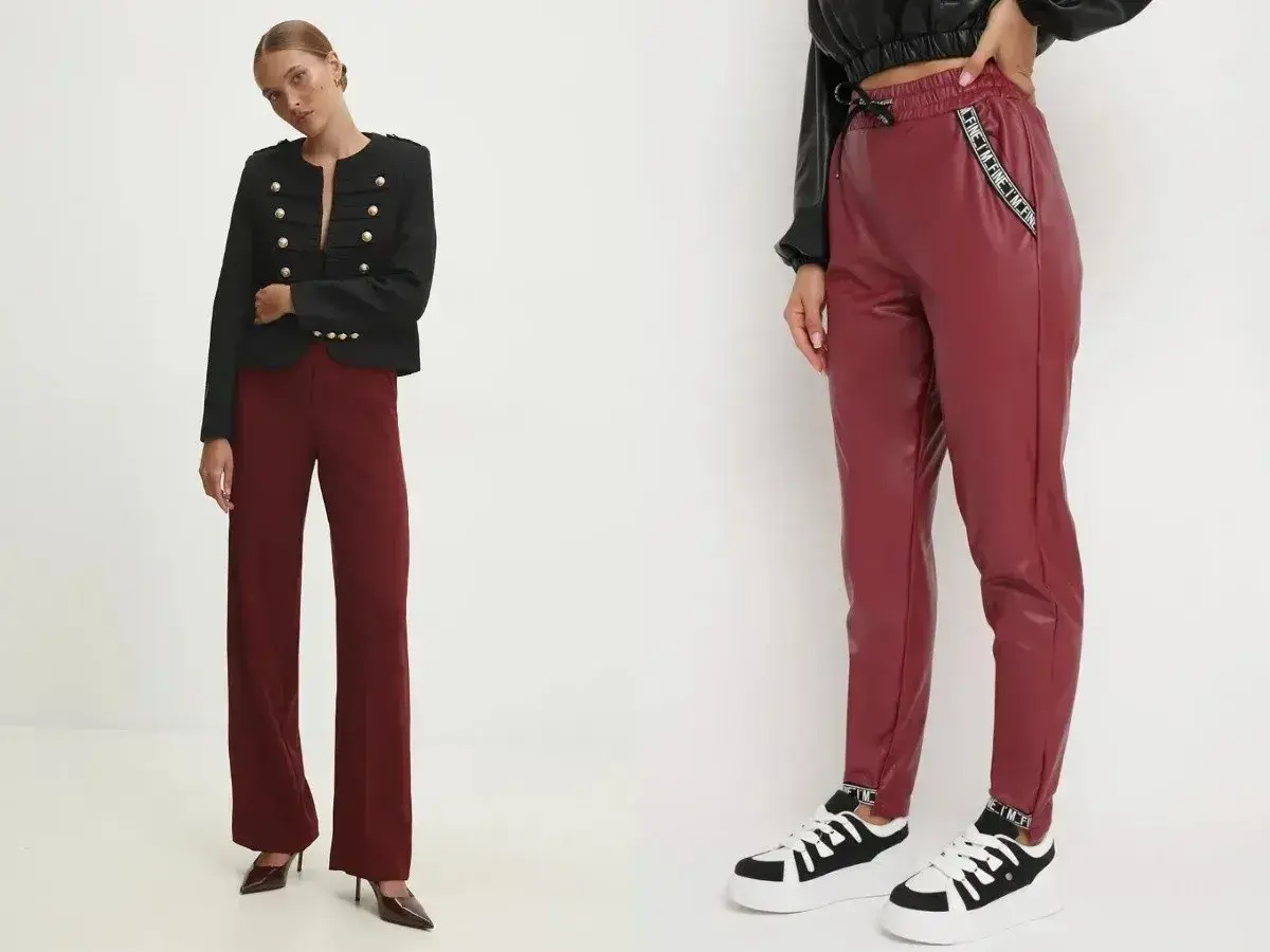 Dwie stylizacje z bordowymi spodniami: eleganckie z marynarką i na luzie z sneakersami.