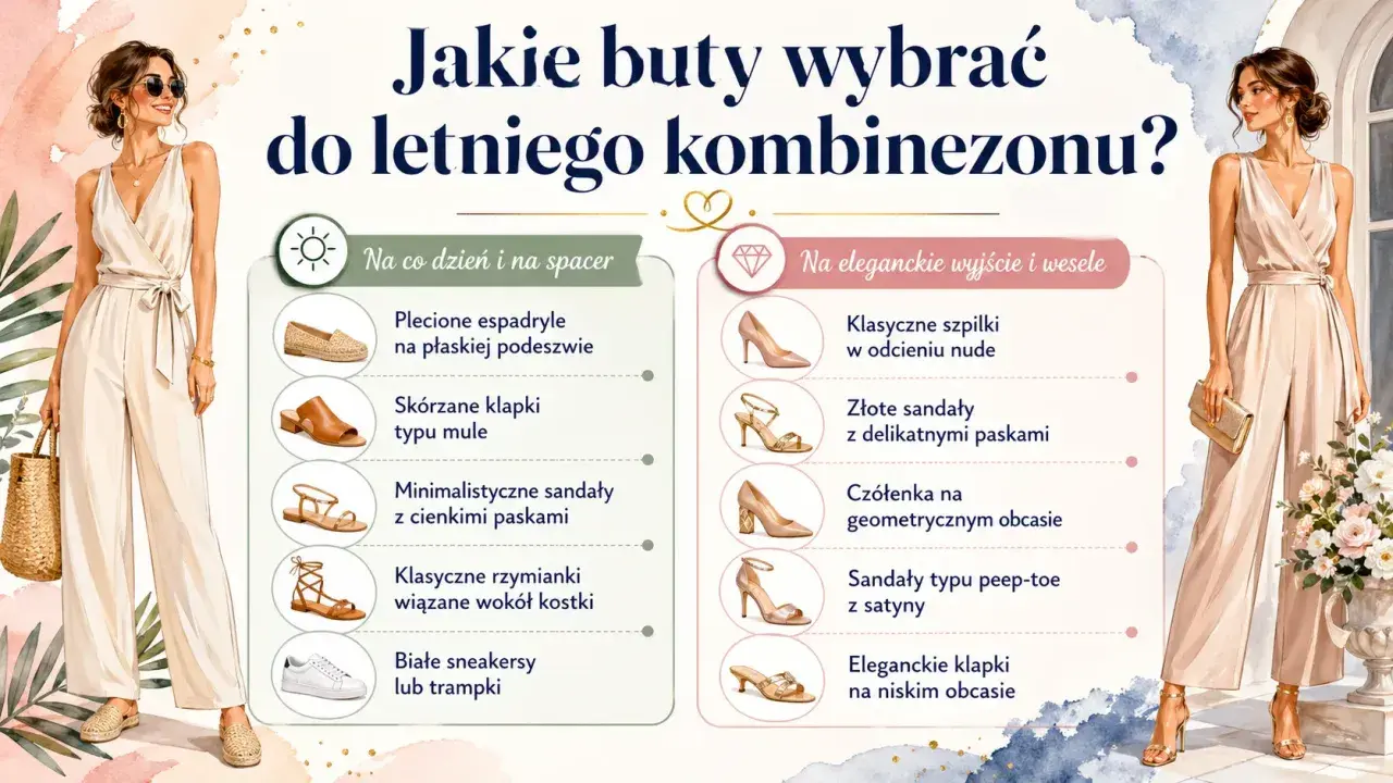 Jakie buty do kombinezonu na wesele? Eleganckie szpilki, złote sandały lub czółenka na geometrycznym obcasie to idealne propozycje.
