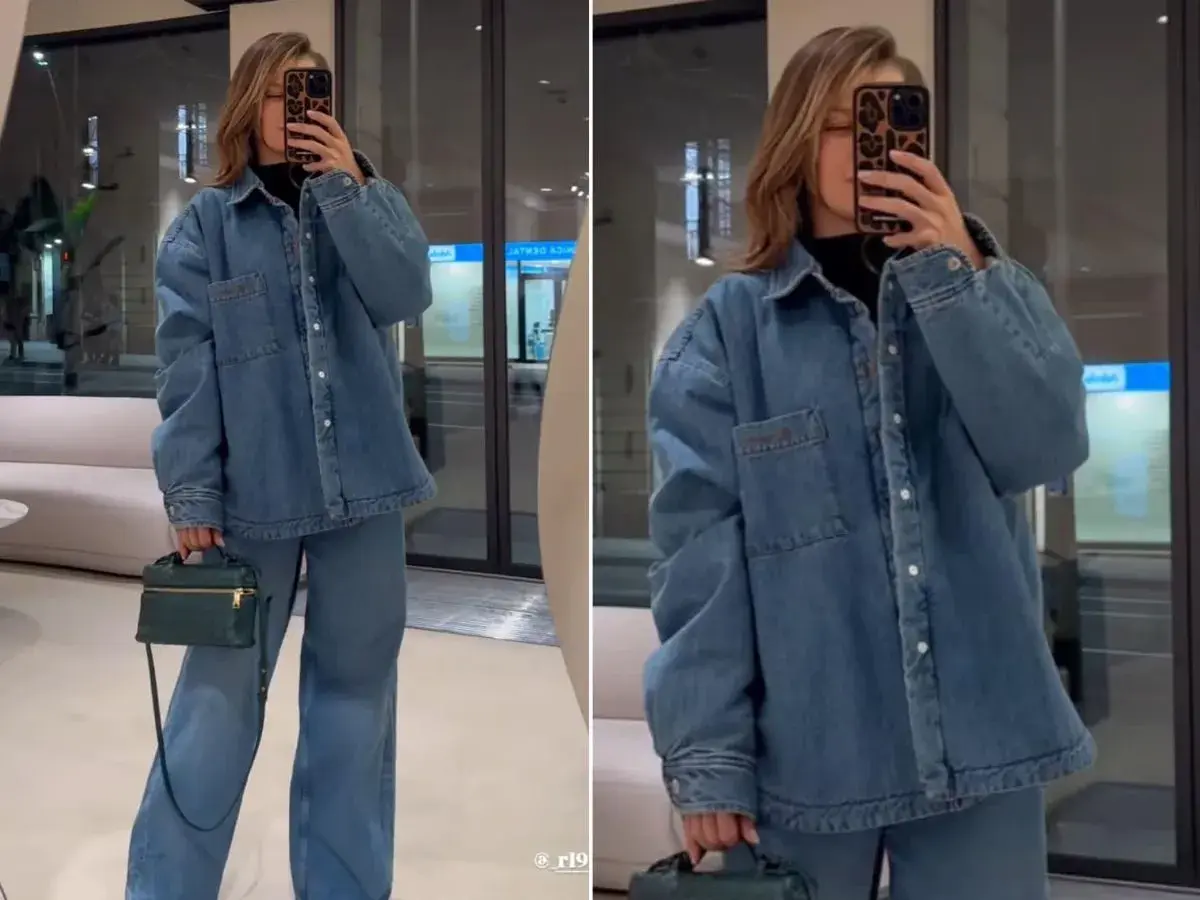 Stylowe stylizacje z koszulą oversize. Denimowy total look z szerokimi spodniami i zieloną torebką.