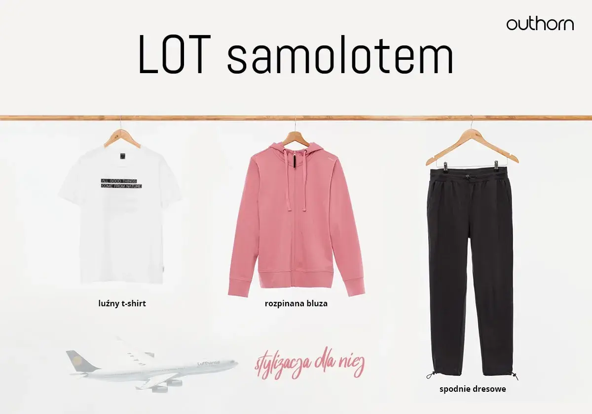 Jak się ubrać do samolotu? Luźny t-shirt, różowa bluza i czarne spodnie dresowe to komfortowa stylizacja na podróż.