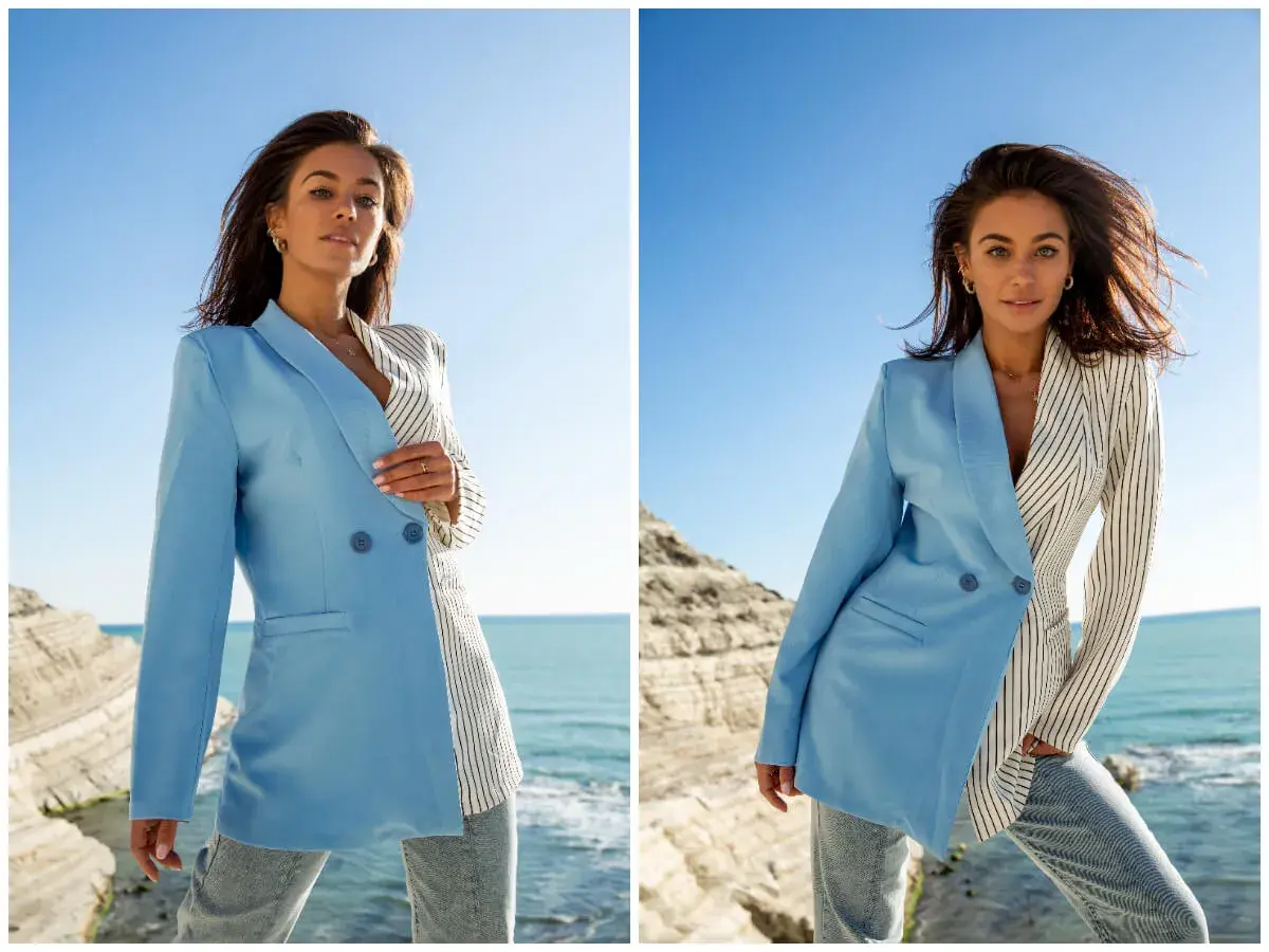 Modelka prezentuje, jak nosić marynarkę damską w stylu color blocking, łącząc błękit z pionowymi pasami. Idealna na letnie dni nad morzem.