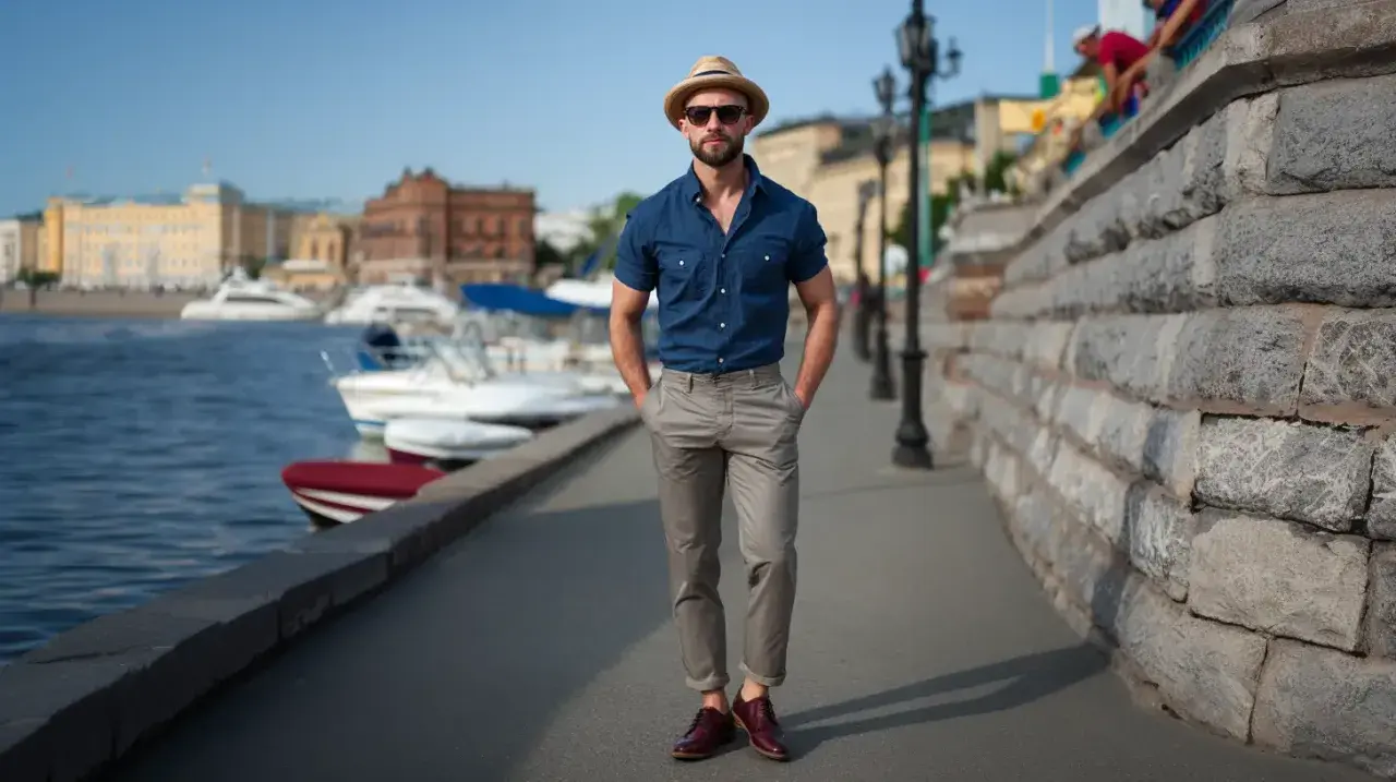 Mężczyzna w beżowym kapeluszu i okularach przeciwsłonecznych, w granatowej koszuli i szarych chinosach, zastanawia się, jakie buty do chinosów wybrać. Eleganckie, bordowe półbuty to świetny wybór.
