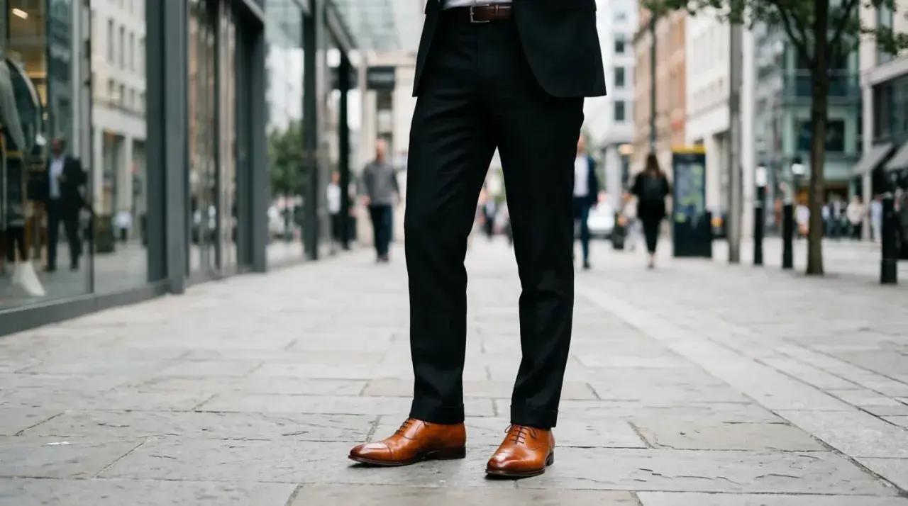 Eleganckie brązowe buty do czarnych spodni, idealne na miejski spacer.