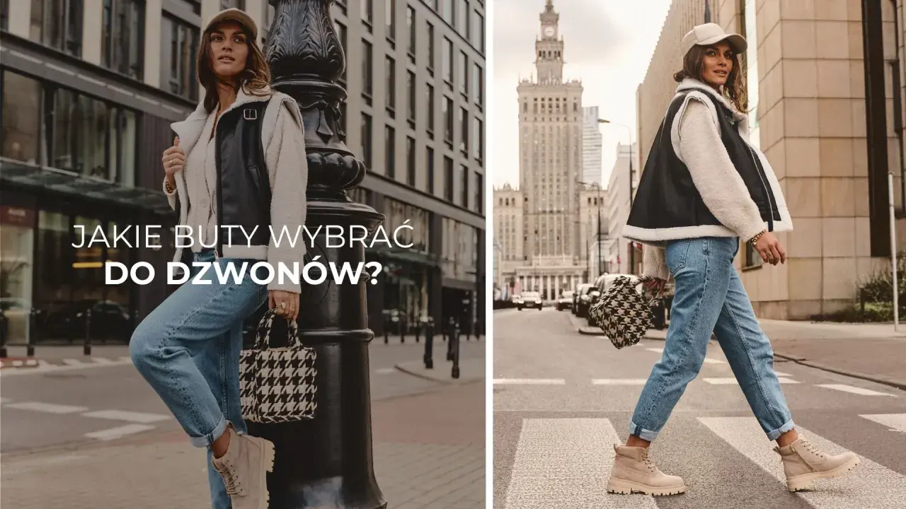 Kobieta w dzwonach i beżowych traperach, idealne buty do dzwonów. Stylowa miejska stylizacja.