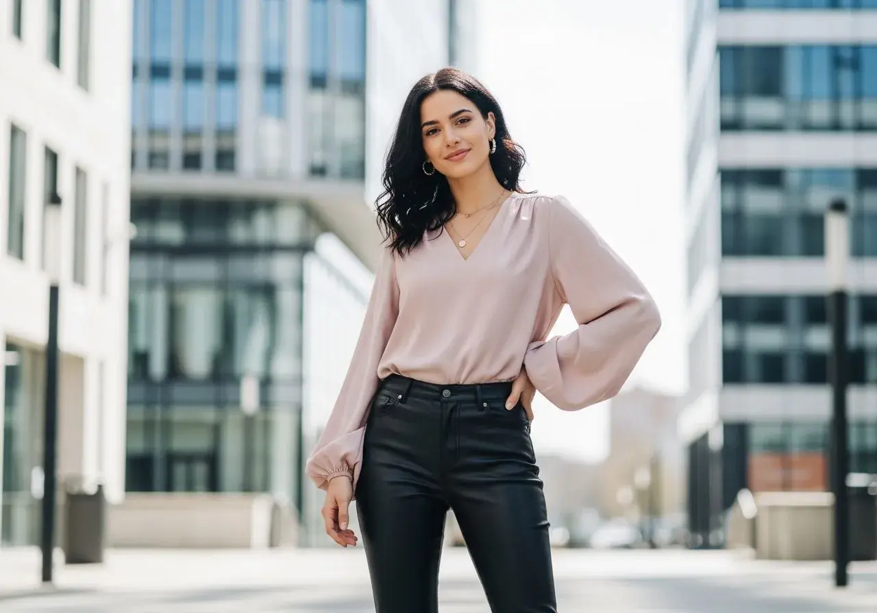 Elegancka, pudrowa bluzka z bufiastymi rękawami świetnie komponuje się ze skórzanymi spodniami, tworząc stylowy miejski look.