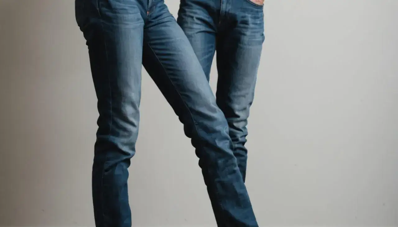 Dwie osoby w jeansach, pokazujące, jak rozciągnąć jeansy, by były wygodniejsze.