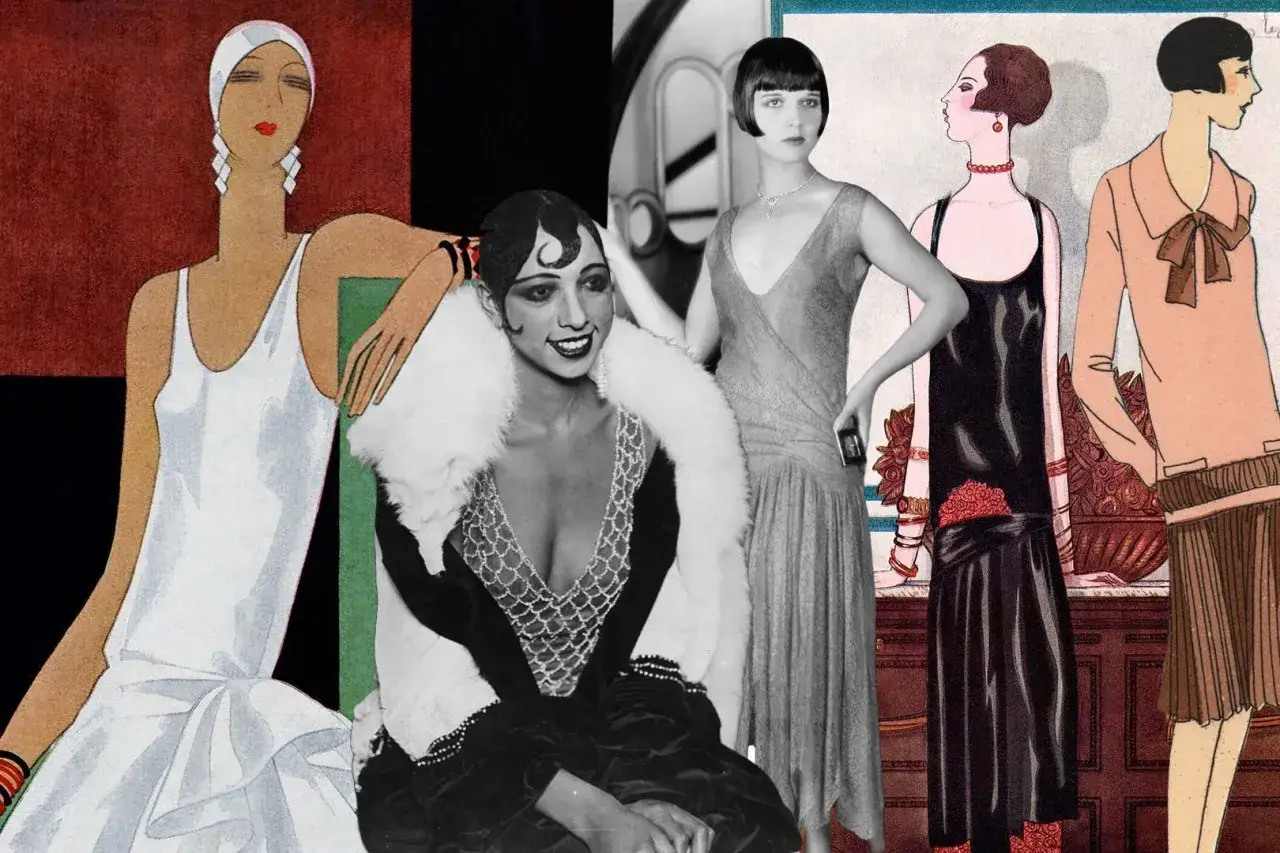 Kobiety w eleganckich, zwiewnych sukniach i futrach. Ikony stylu lat 20. prezentują modę tamtej epoki.